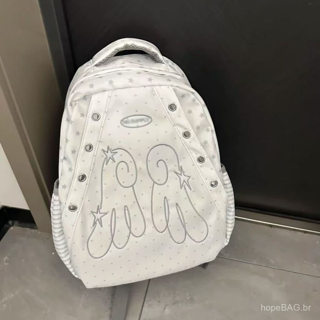 Mochila estilo coreano com estampa de bolinhas e asas de anjo, bolsa de ombro dupla fofa, mochila escolar de grande capa