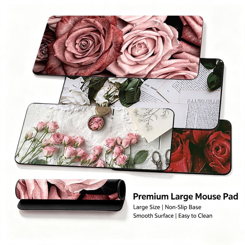 Mouse Pad Grande Com Buquê De Rosas Rosa , Base De Borracha Antiderrapante Lisa Para Laptop , PC , Escritório , Jogos ,