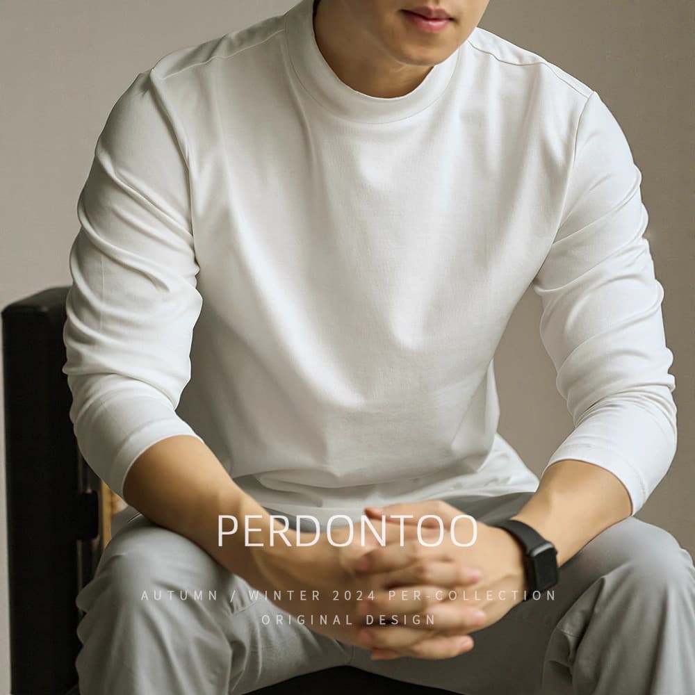 Camisa masculina de algodão mercerizado com gola meia alta, outono inverno, quente, gola média, branco puro, manga compr