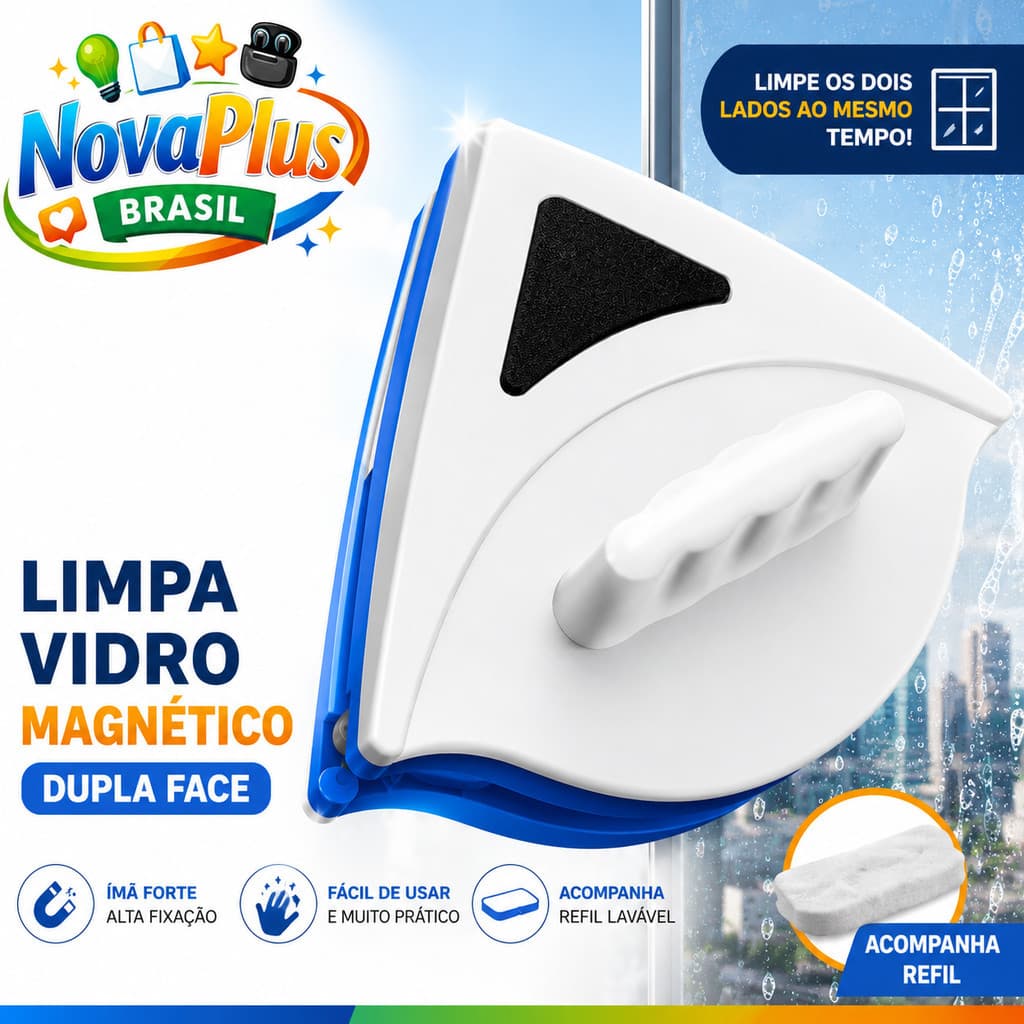 Limpador Magnético de Vidro Dupla Face com Refil Lavável | Limpa Janela Box e Vidros