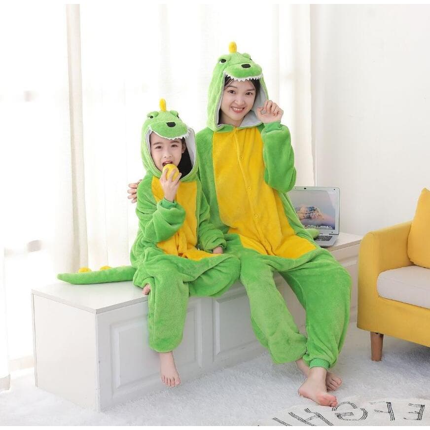 Nova chegada fruta dinossauro verde pijamas de uma peça dos desenhos animados Animal pai-filho traje flanela primavera o