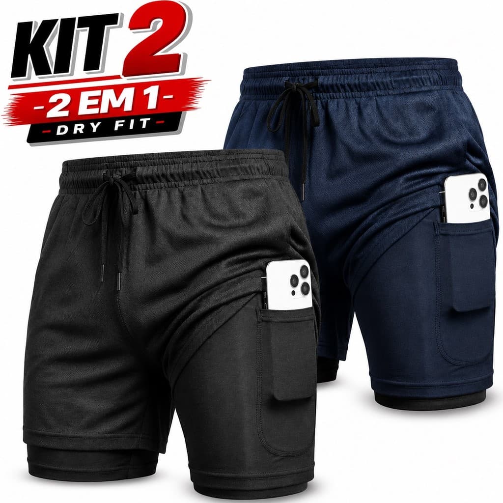 Kit 2 Shorts Compressão Short Dryfit Academia 2 em 1 Masculino Esporte Bermuda Treino Masculina