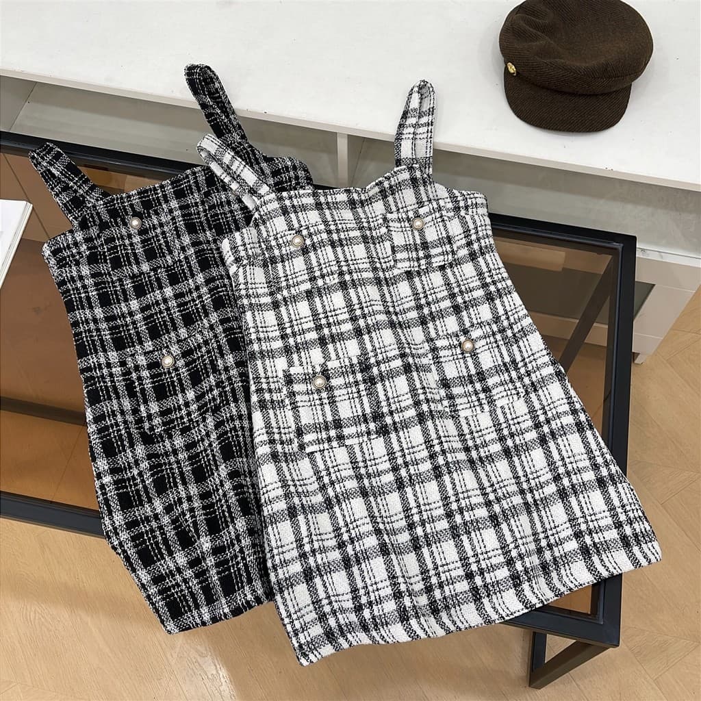 Verão estilo francês High-End verificado sem mangas cinta vestido cintura estreita mais magro olhar saia curta C#31