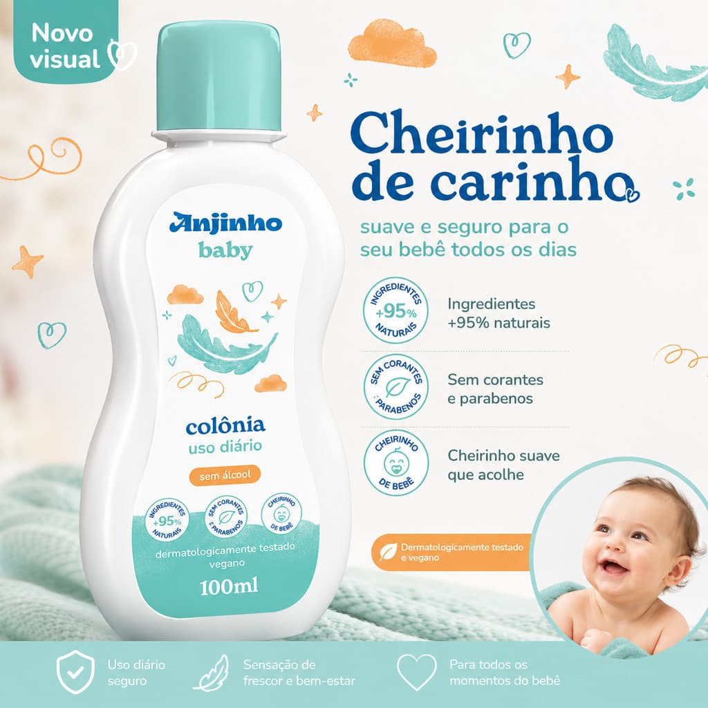 Colônia Infantil Anjinho Baby Uso Diário 100ml Sem Álcool Cheirinho Suave