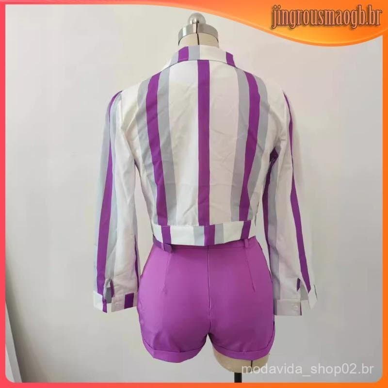 Camisa Feminina de Manga Longa com Gola de Lapela, Estampa Listrada e Botões para Primavera/Verão, Blusa Formal Cropped