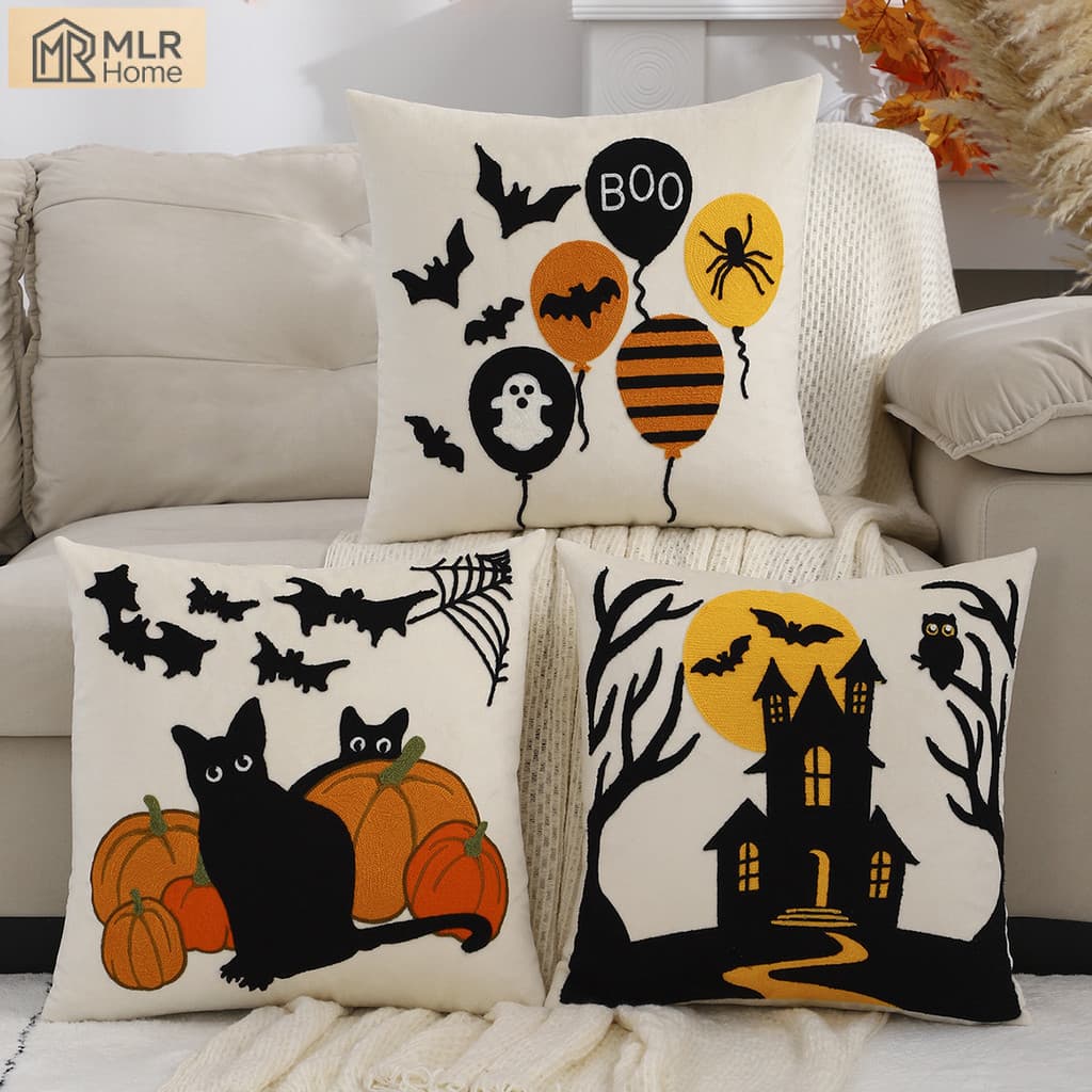 Fronha de flanela de Halloween bordado tridimensional lavável à mão sem desbotamento zíper invisível abóbora gato fantas