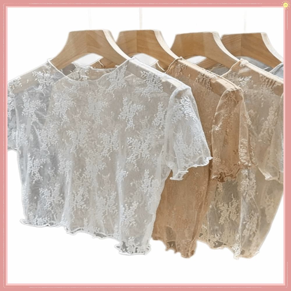 Top De Manga Curta De Renda , Blusa De Malha Transparente Nylon , Tecido Fino E Leve