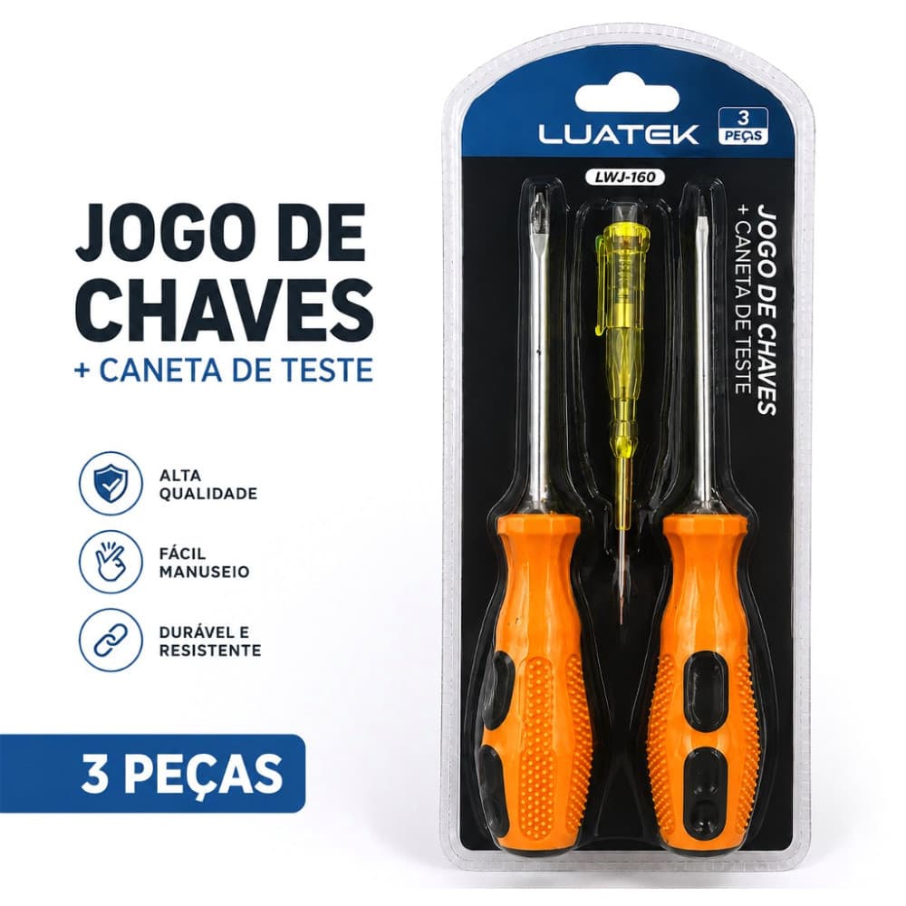 Jogo de Chaves 3 Pças + Caneta Teste de Tensão Reparo Doméstico e Eletrônica Emborrachado CASA TOP1