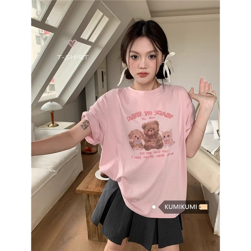 Camiseta feminina de manga curta com estampa de letras de urso, gola redonda, damasco