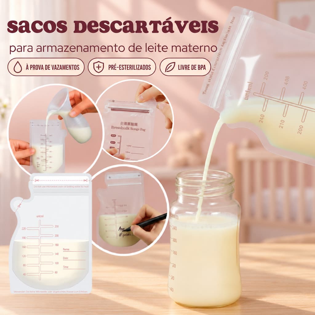 Kit 30 Sacos Coletor de Leite Materno 250ml Descartável com Escala de Medição Congelador