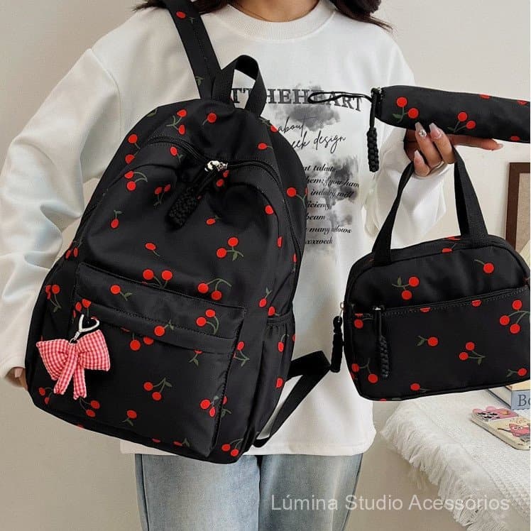 Mochila feminina 3 em 1 estilo coreano, cor cereja, para estudantes - Mochila modelo 2026 com compartimento para noteboo