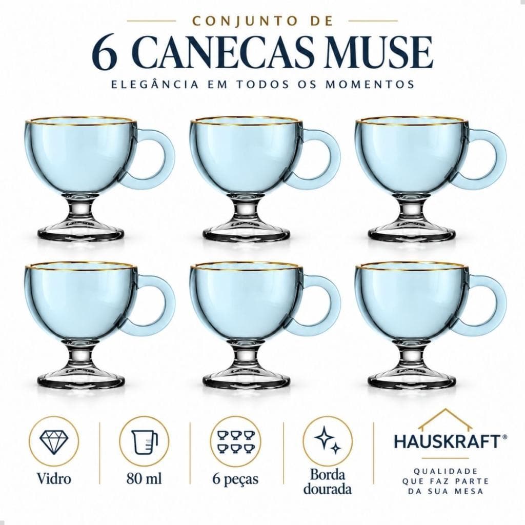 Caneca Muse Azul Com Borda Dourada 80ml - 6 Peças