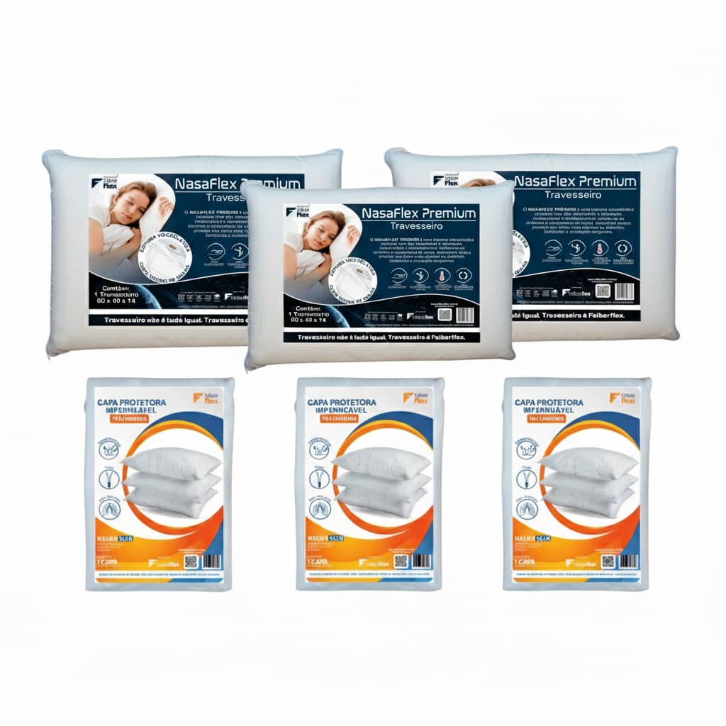 Kit 3 Travesseiros Faiber Flex NASA Premium com 3 Capas Impermeáveis Antiácaro Silenciosas