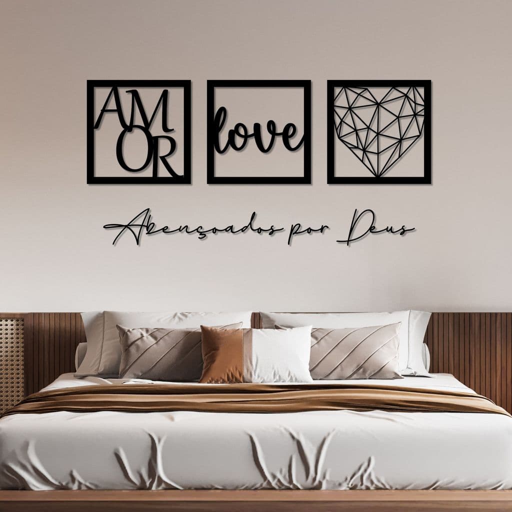Kit com 3 Quadros Decorativos + Frase Abençoados por Deus - Decoração para Sala e Quarto em mdf