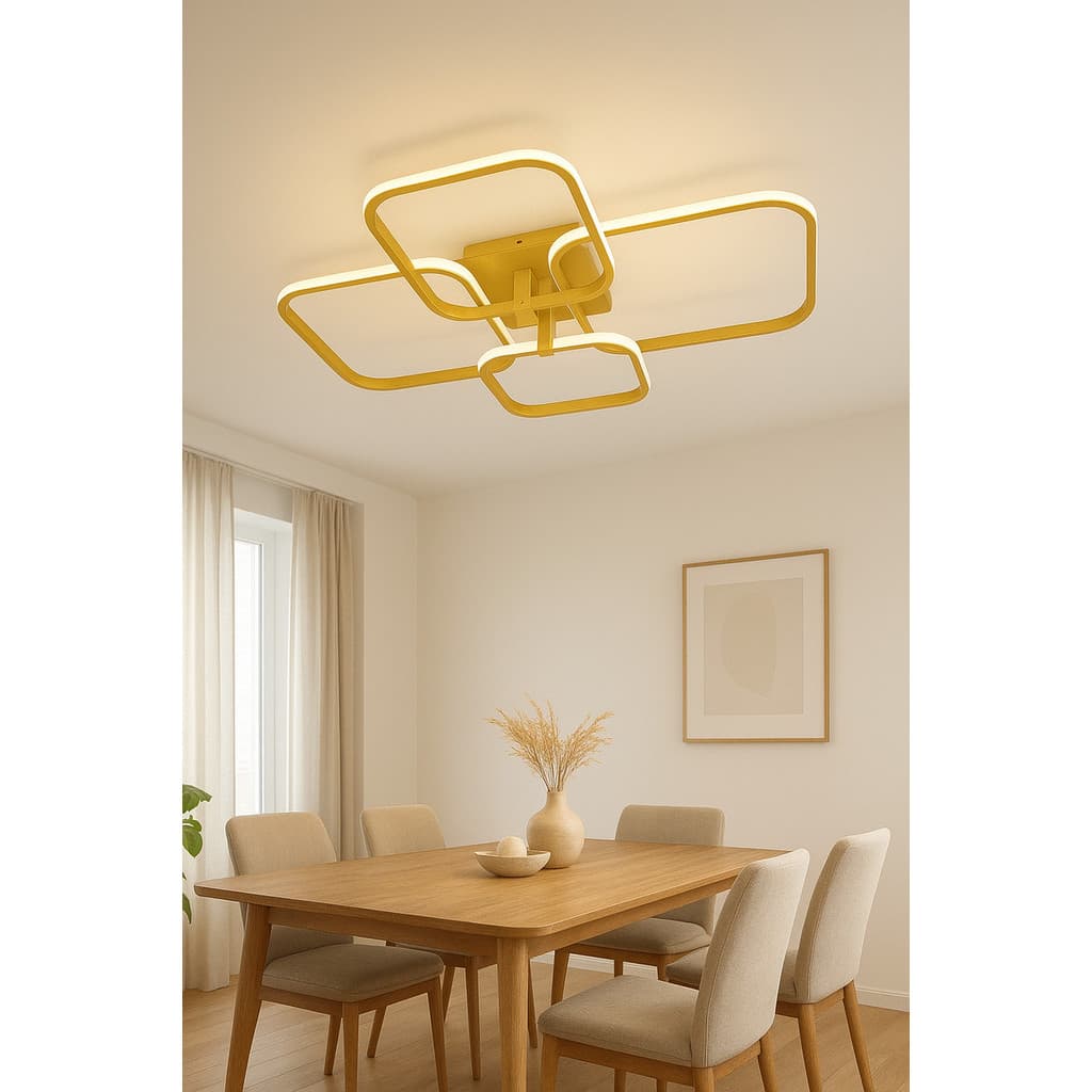 Luminária de Teto Lustre LED Fee Utilidades Paris 4 Quadrados 54w Dourado Controle e Dimmer Bivolt