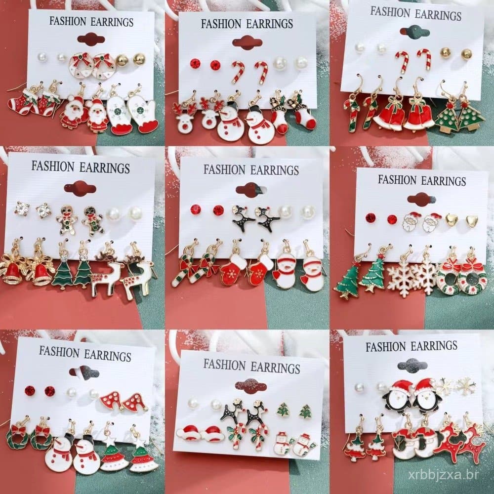 Conjunto de Brincos de Bastão de Boneco de Neve de Natal Brincos de Guirlanda de Rena com Gota de Óleo de Desenho Animad