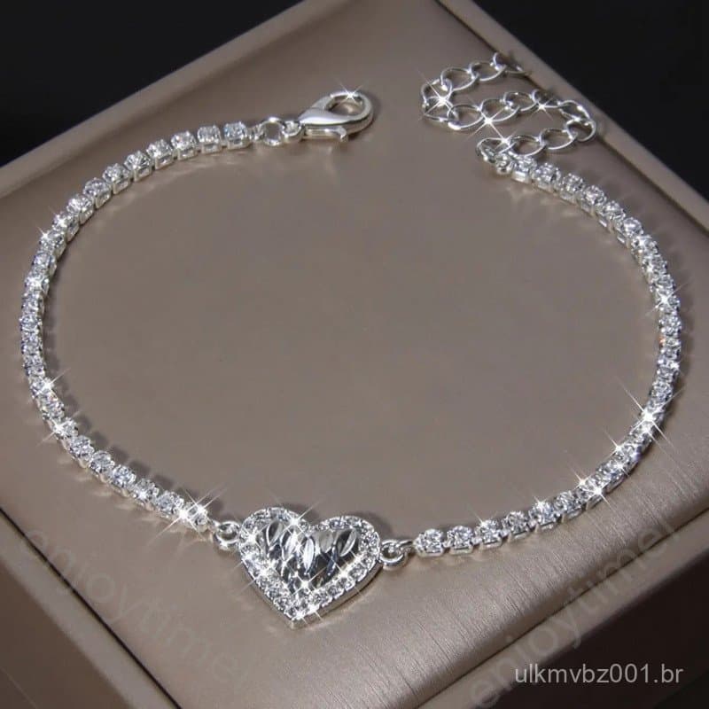 Pulseira de Corrente com Strass Brilhantes e Pingente de Coração Amor, Pulseira Banhada a Prata, Joias para Mulheres, Pr