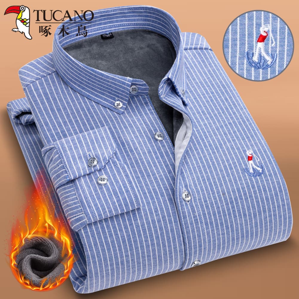 Woodpecker Oxford Spinning Camisa de manga comprida masculina forro de lã engrossado listras casuais de meia-idade casua
