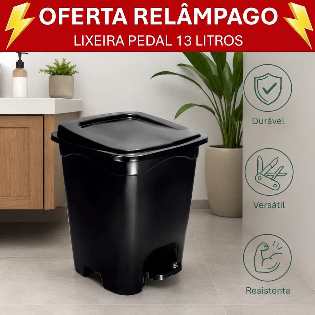Lixeira Quadrada 13L com Pedal Tampa Resistente para Cozinha Banheiro Escritório Lavanderia