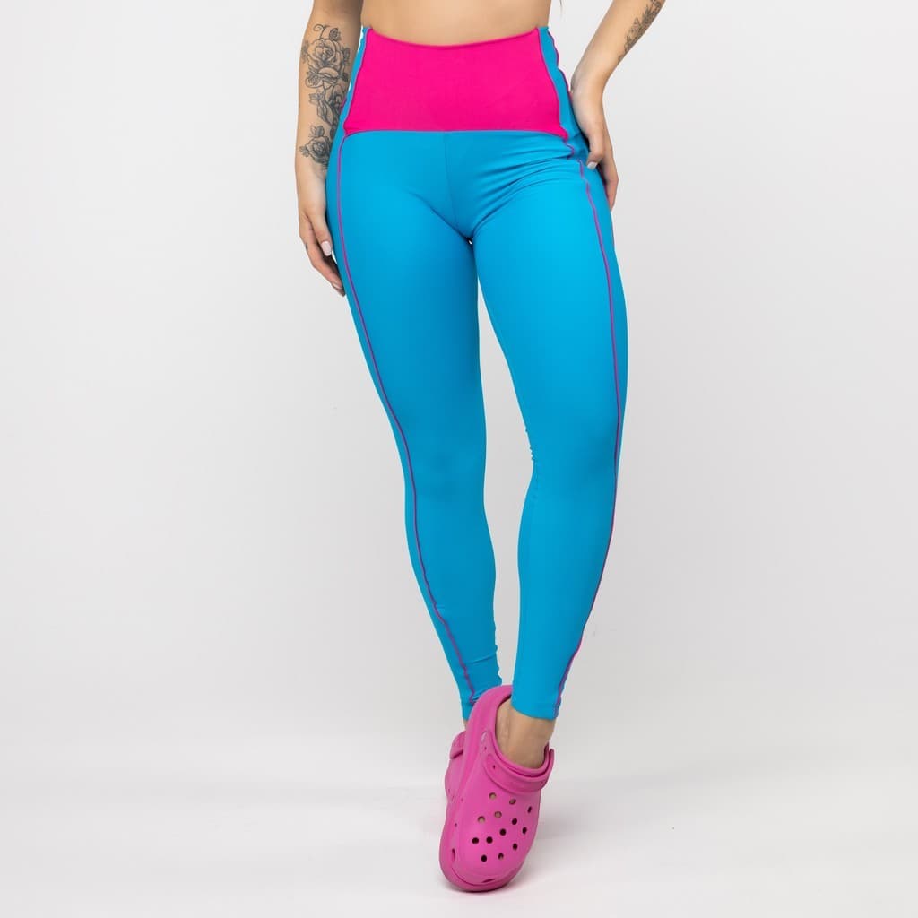 Calça Legging Feminina Fitness Cós Contrastante Modeladora Compressão UV50+
