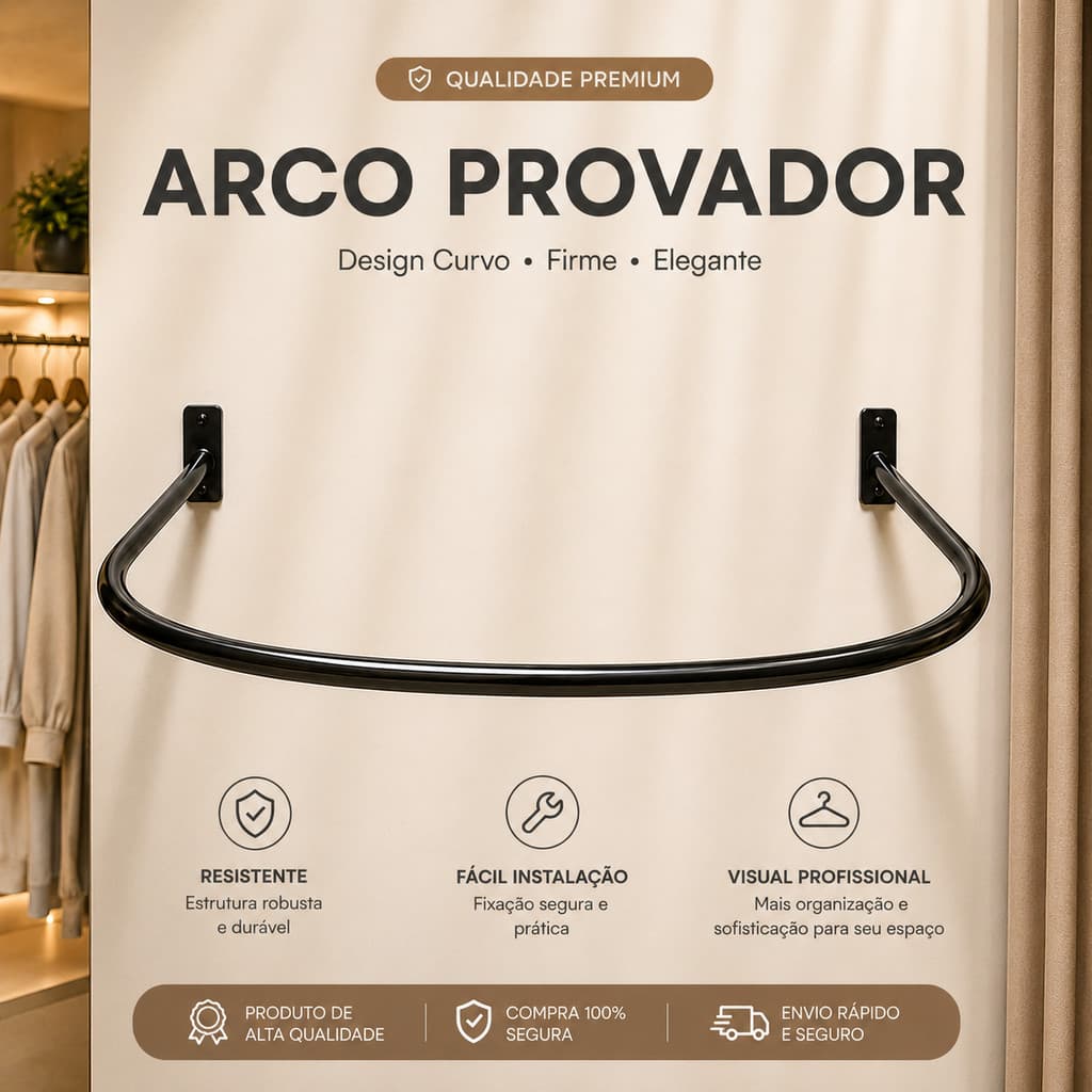 Provador Em Arco Formato U 92x92cm Aço Reforçado Branco Preto Completo