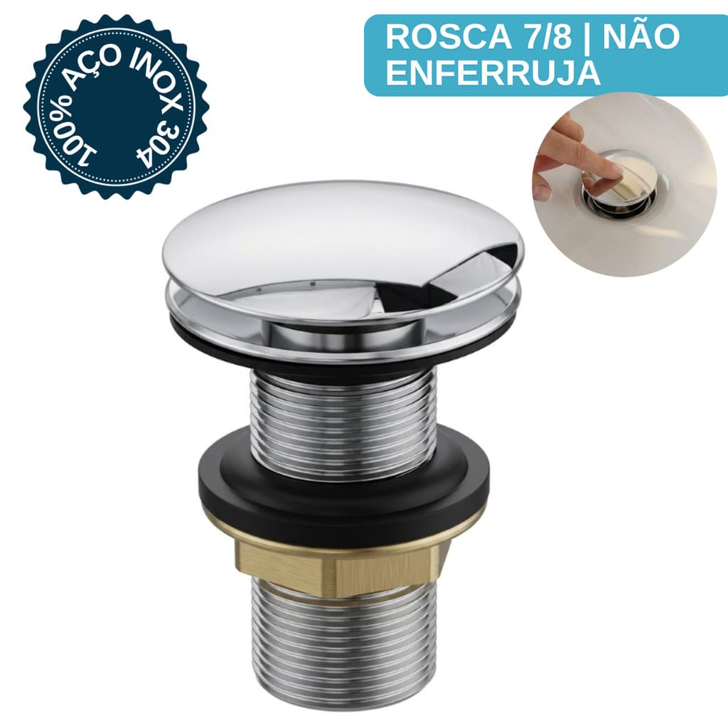 Ralo Click Pia Banheiro Inox 304 Válvula Inteligente 7/8 Anti Odor E Insetos Alta Vedação