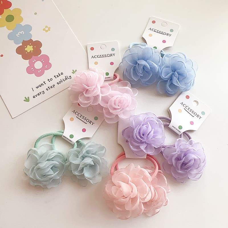 Fresco doce menina tecido flor cocar verão malha crianças amarrar faixa de borracha de cabelo duplo rabo de cavalo anel