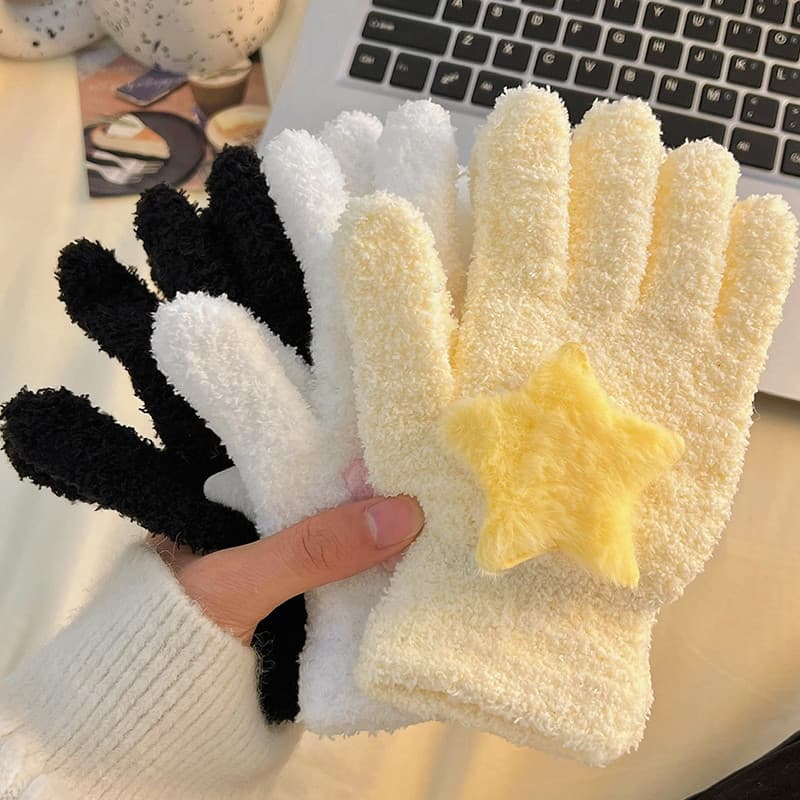 Luvas femininas inverno quente estudante versão coreana bonito forro de lã engrossado cinco dedos à prova de frio C