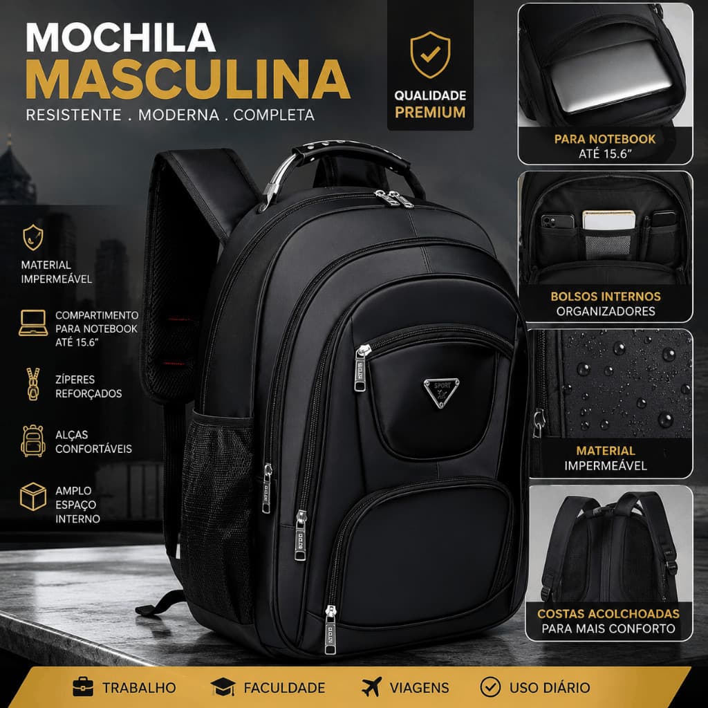 Mochila Masculina Grande Impermeável Reforçada Notebook 15.6 Viagem Trabalho Faculdade Resistente