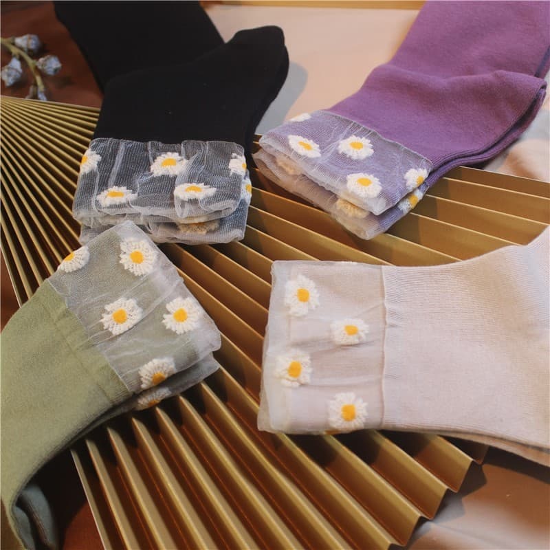 Meias de renda japonesas doce pequeno fresco Mid-Tube meias femininas puro algodão coreano estilo Preppy pequena margari