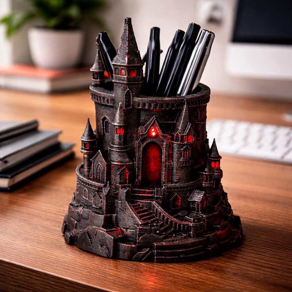 Porta Lápis Castelo Gótico Organizador de Mesa Medieval Porta Canetas Gamer Decorativo