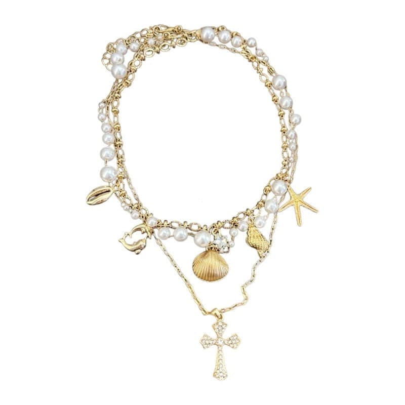 Treeling Elegante Boêmio Inspirado Crucifixo Colar Com Concha Detalhando Moda Grânulo Clavícula Corrente