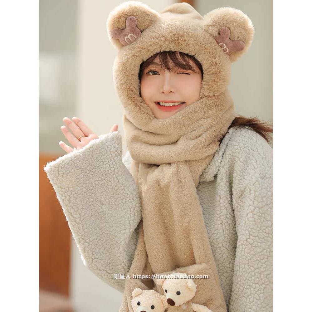 Chapéu de inverno de pelúcia cachecol luvas de uma peça feminino urso três peças bonito babador engrossado quente com ca
