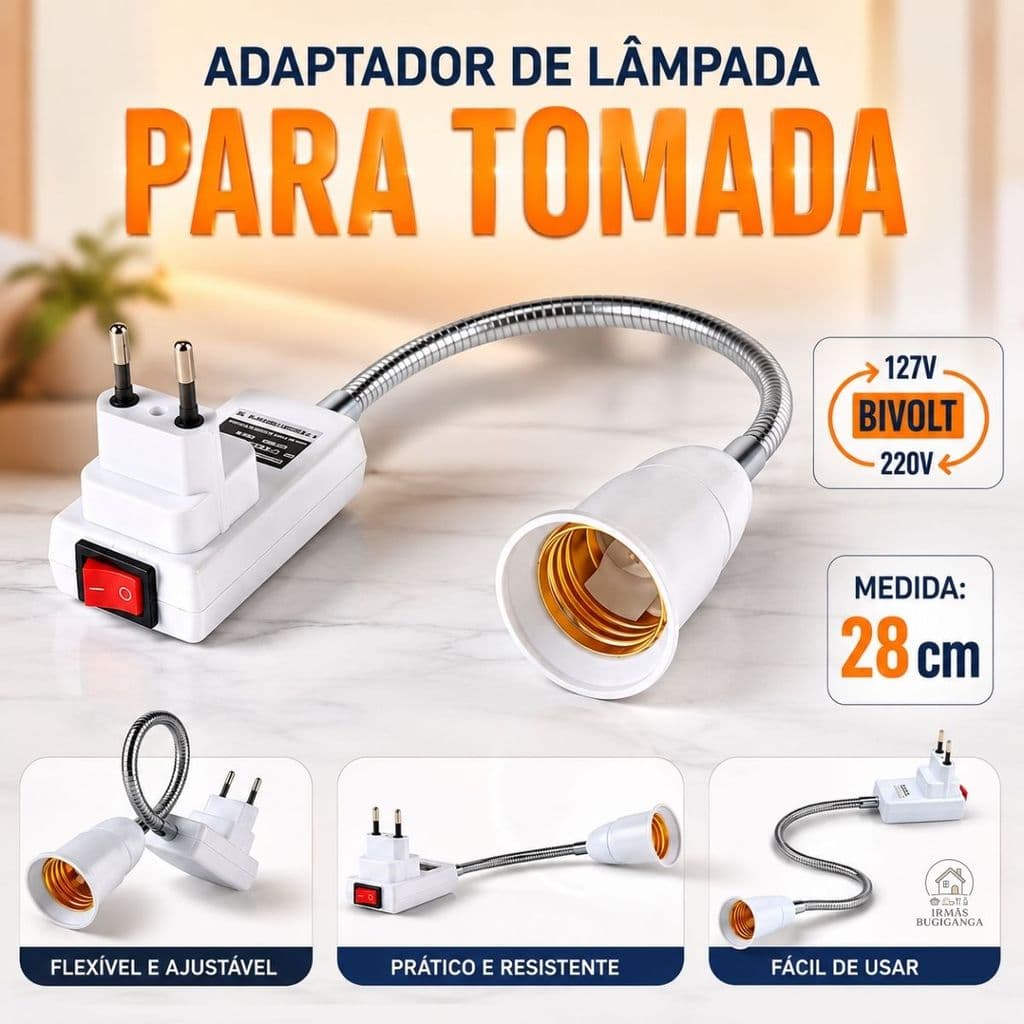 Kit 1 a 4 Adaptador Soquete Flexível Para Lâmpada E27 Bivolt Blindado Interruptor Liga/Desliga 28cm