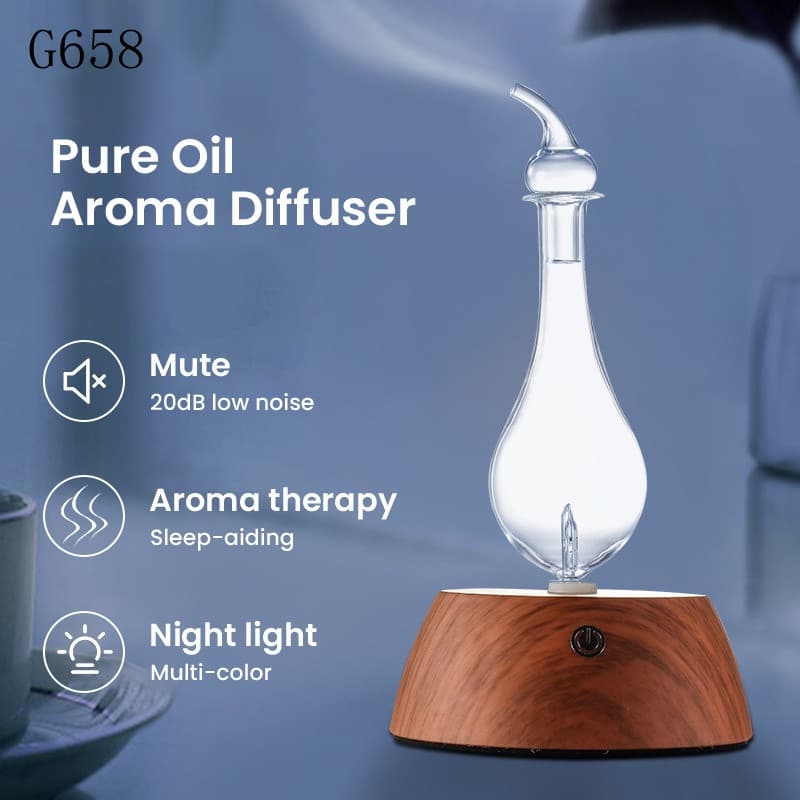Difusor de Óleos Essenciais de Madeira e Vidro para Aromaterapia, Nebulizador, Umidificador, Luz Multiuso para Casa A633