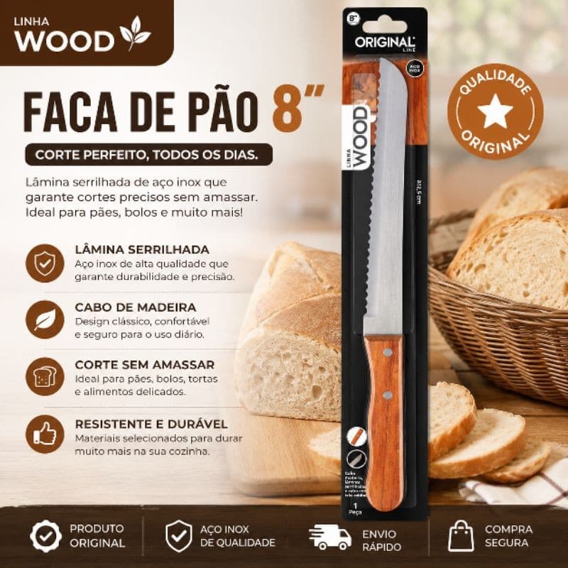 Faca de Pão 8" Serrilhada em Aço Inox com Cabo de Madeira – Corte Preciso para Pães e Bolos