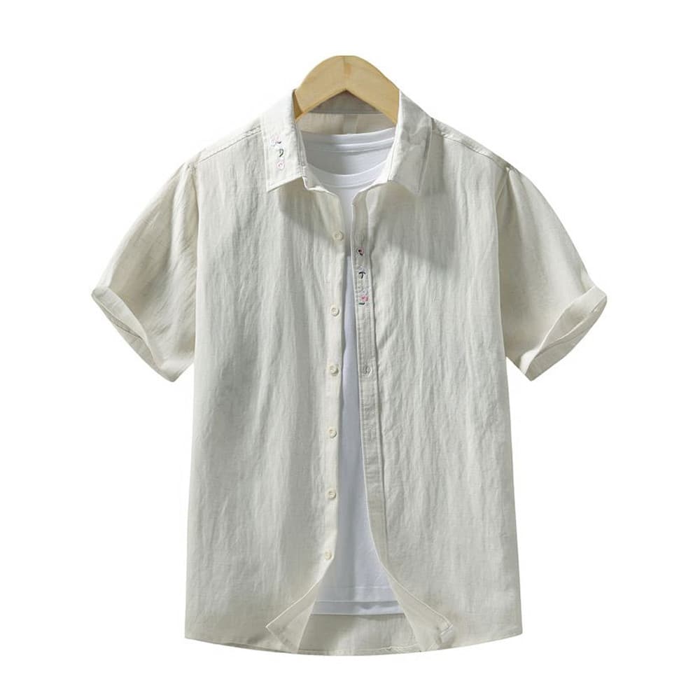 Verão cor sólida Tencel Lyocell linho bordado simples Casual camisa de manga curta masculina juventude camisa fina