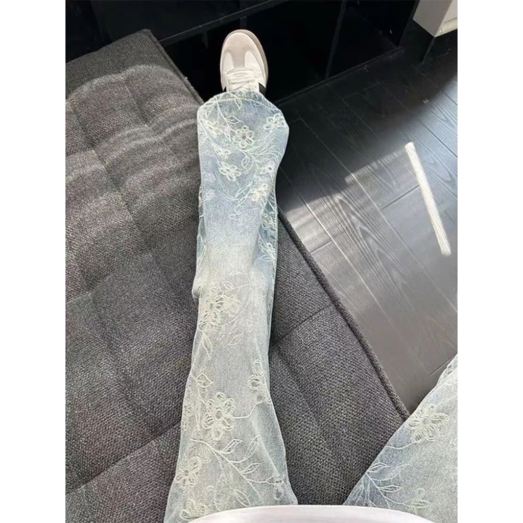 Azul claro impressão completa Jacquard lavado Jeans masculino americano High Street vibe calças soltas casuais retas cal