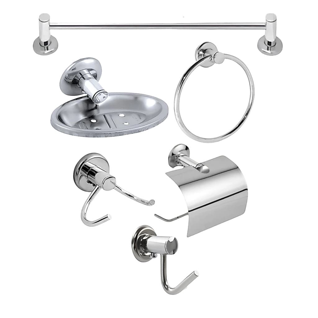 Kit Acessórios Para Banheiro Stander 5 Peças Aço Inox e Aluminio + Cabide Simples