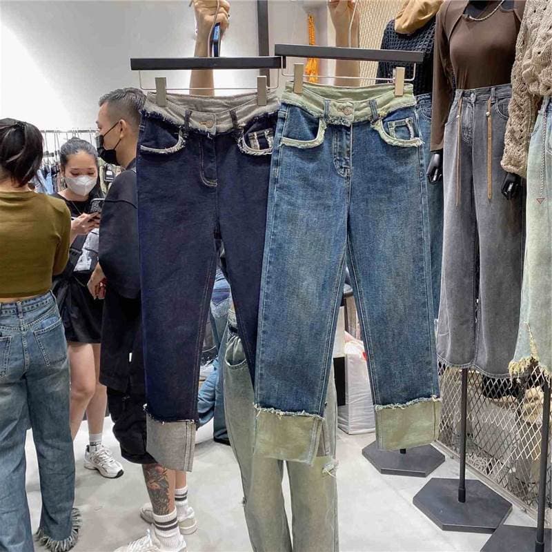 Flanging Jeans retos feminino inverno cintura alta borda desgastada pequeno cara contraste cor tornozelo comprimento pre