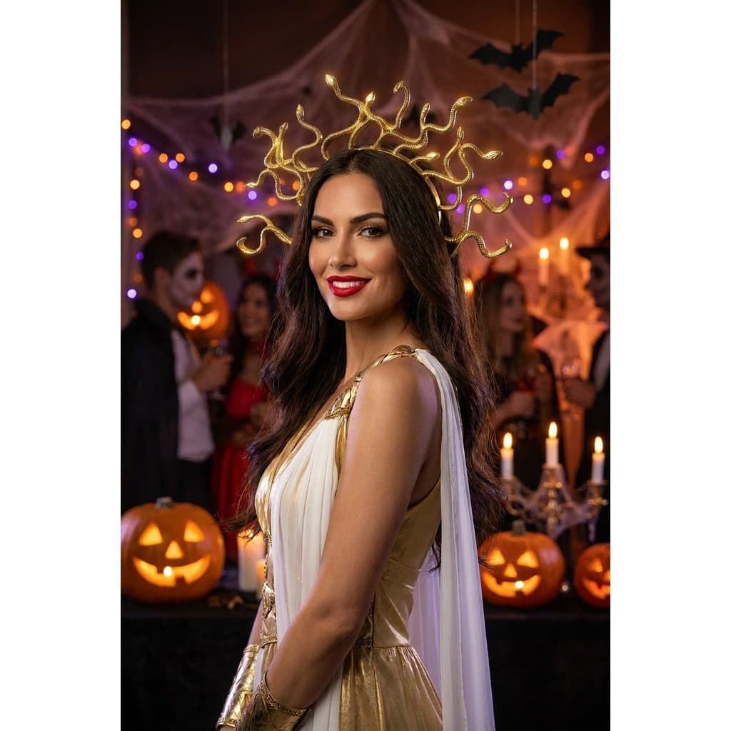 Tiara Medusa Fantasia Serpente Cobra Dourada Ouro Preta Carnaval Halloween Festa Mitologia Cosplay Grega Deusa