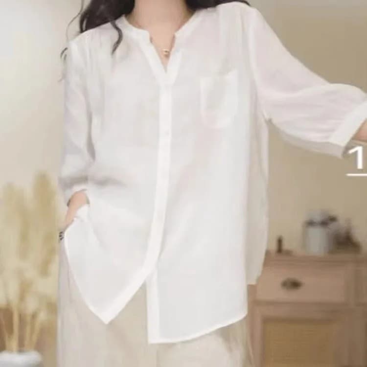 Cor sólida 2025 novo estilo estilo simples verão Plus Size Top sarja Ramie camisa cinco pontos mais magro olhar de manga