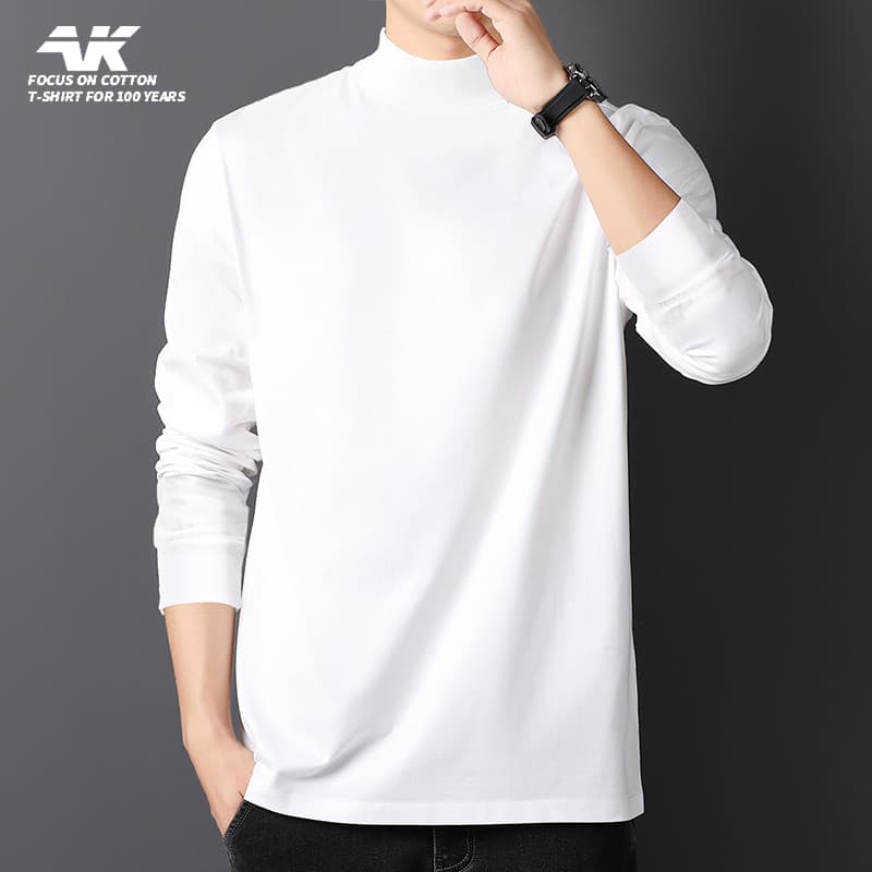 2026 novo estilo primavera quente outono roupas de manga comprida camiseta masculina gola alta magro-ajuste puro algodão