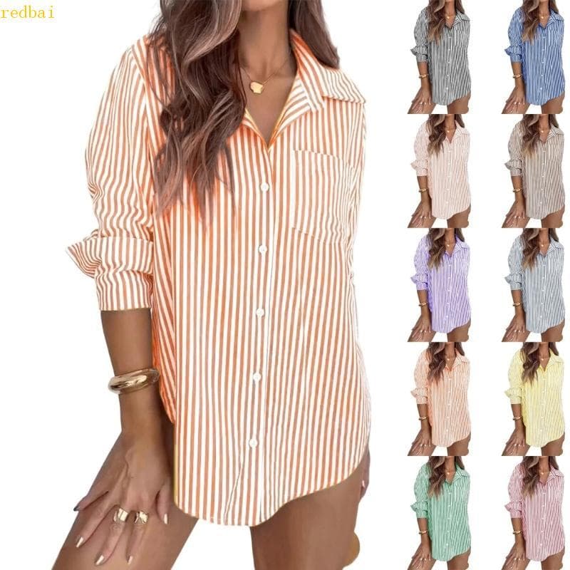 Camisas Listradas redbai Botões Para, Sociais Comprida, Camisa Casual Trabalho E Bolso
