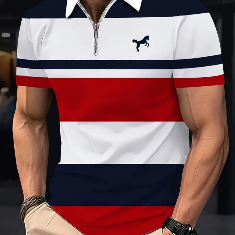 Camisa polo masculina de manga curta com zíper linha geométrica camisa polo de manga curta camisa polo gola negócios Cas
