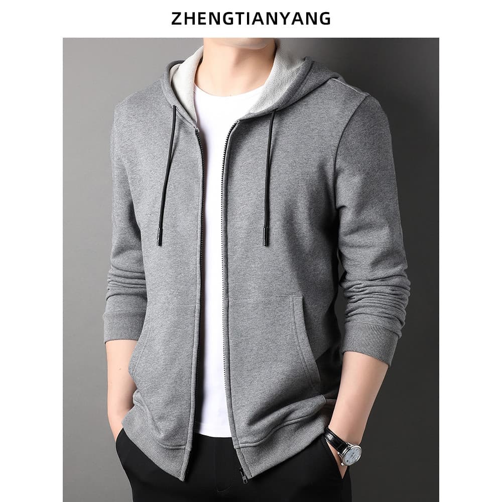 Cardigan com capuz de algodão puro pesado Terry moletom masculino de manga comprida jaqueta de bolso canguru primavera o
