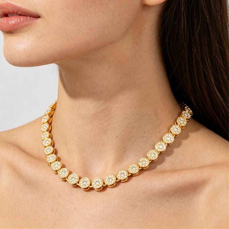 Colar Riviera Feminino com Pedras Brilhantes, Opção Conjunto com Pulseira, Prata ou Dourado