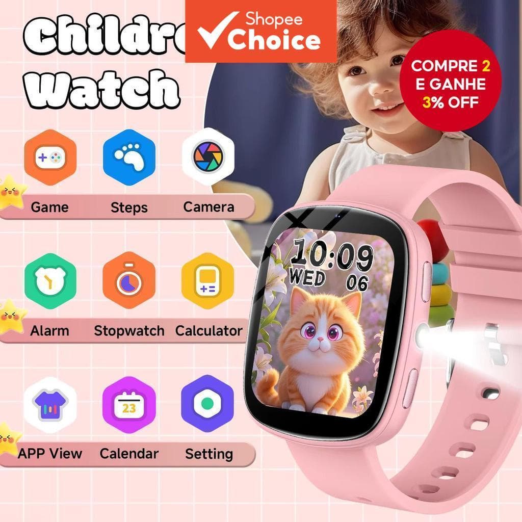Novo Smartwatch Infantil com Tela Touch, Câmera Controlável, Bateria de 260mAh, Lanterna, 22 Jogos, Companheiro de