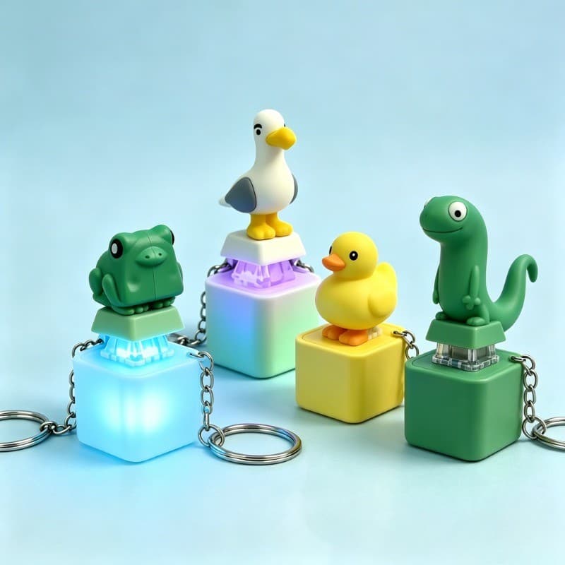 4 peças, chaveiro com botão de efeito sonoro estranho, lagarto + gaivota + pato amarelo + chaveiro com botão sapo, chave