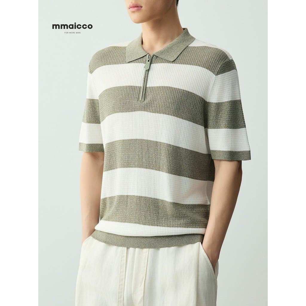 Momaike Camisa polo masculina americana Casual listrada cor contrastante malha de manga curta com zíper meio aberto Tenc